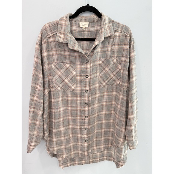 Line Up Tops - 143 Story by Line Up Plaid Flannel Shirt Large Cotton Raw Frayed Hem Grunge